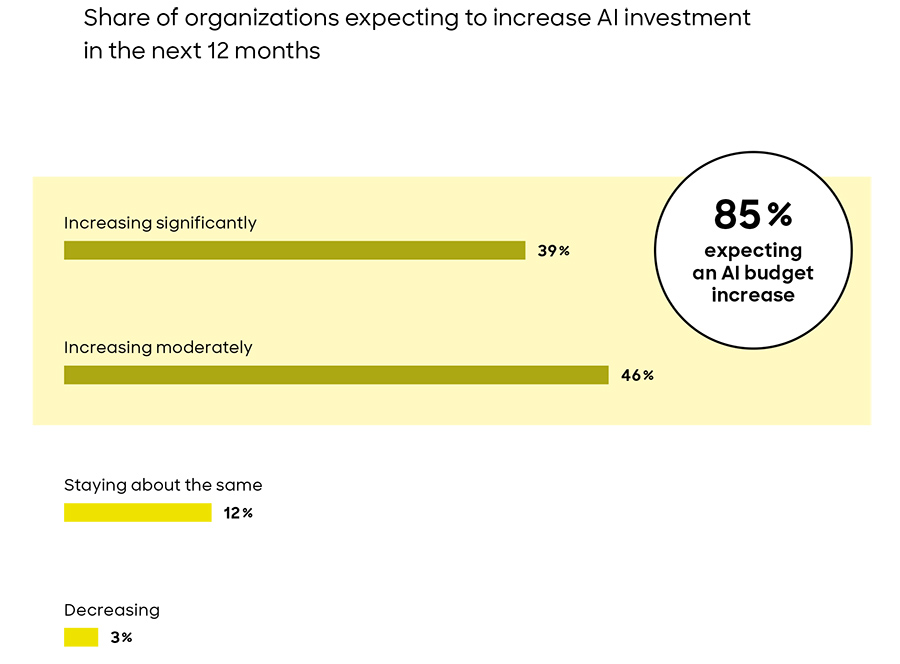 Share of organizations expecting to increase AI investment in the next 12 months